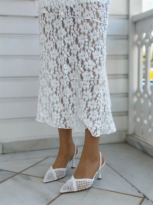 Beyaz Örgü (Leay) Lastikli Kadın Stiletto