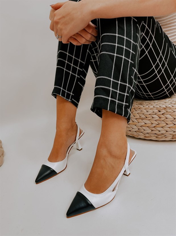Beyaz Siyah Deri (Jake) Maskelet Detay Kadın Açık Stiletto