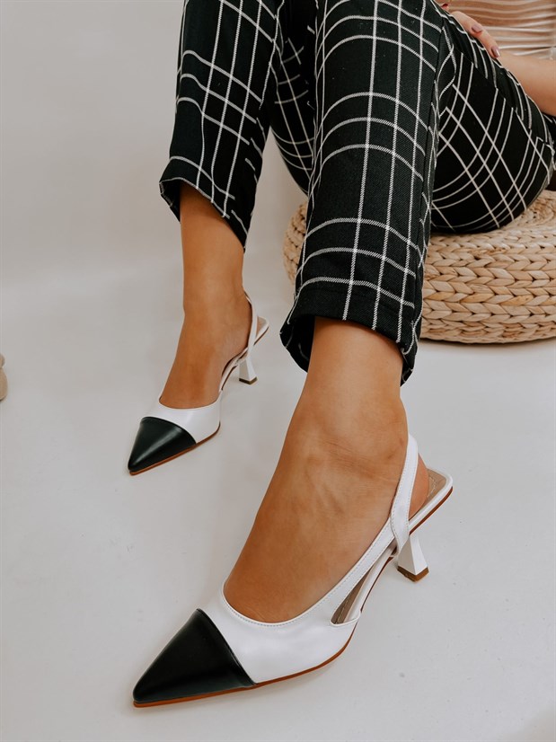 Beyaz Siyah Deri (Jake) Maskelet Detay Kadın Açık Stiletto