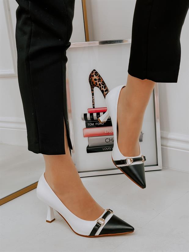 Beyaz Siyah (Lady) Toka Detay Kadın Stiletto