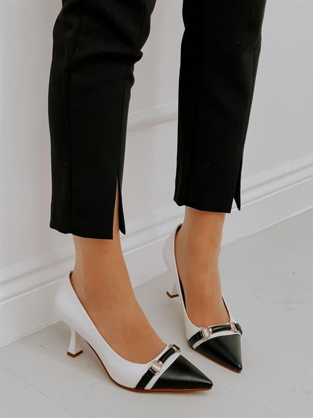 Beyaz Siyah (Lady) Toka Detay Kadın Stiletto