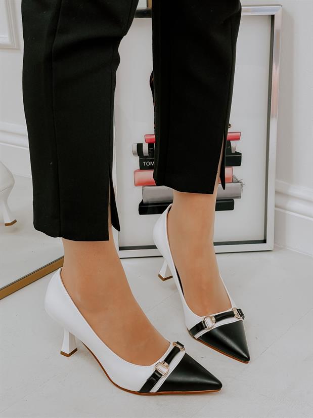 Beyaz Siyah (Lady) Toka Detay Kadın Stiletto