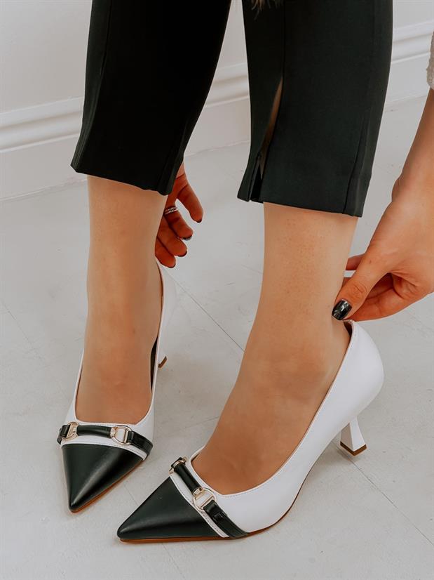 Beyaz Siyah (Lady) Toka Detay Kadın Stiletto