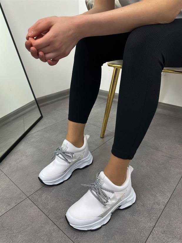 Beyaz Triko (Odette) Kadın Gizli Topuklu Bağcıklı Sneakers