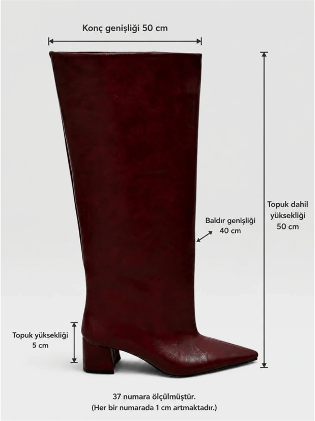 Bordo Cilt (Losy) XL Geniş Konç Kalın Bacak 5 Cm Topuklu Çizme