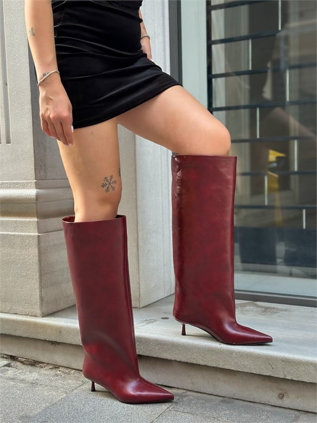 Bordo Cilt (Veray) XL Oversize Kalın Baldır 5 Cm Mini Topuk Çizme