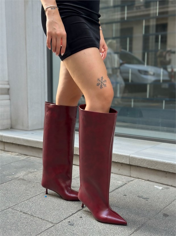 Bordo Cilt (Veray) XL Oversize Kalın Baldır 5 Cm Mini Topuk Çizme
