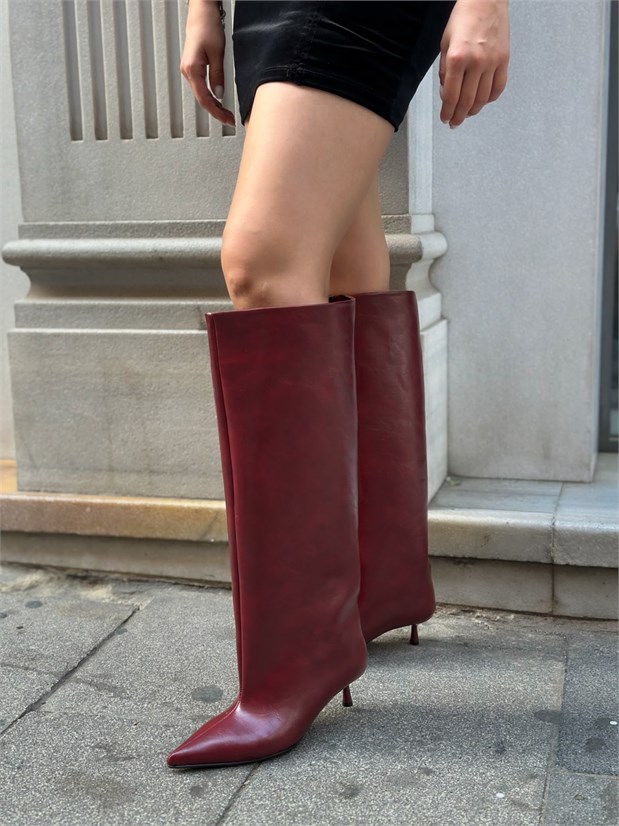 Bordo Cilt (Veray) XL Oversize Kalın Baldır 5 Cm Mini Topuk Çizme