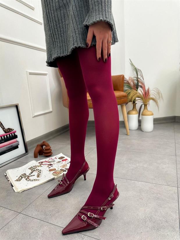 Bordo Rugan (Allysa) Üç Bantlı Toka Detaylı Kadın Stiletto
