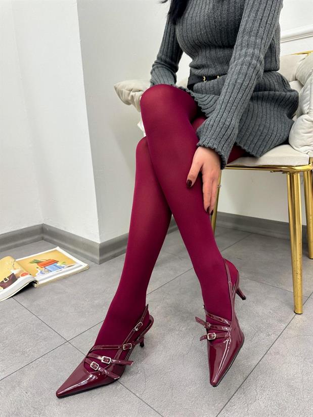 Bordo Rugan (Allysa) Üç Bantlı Toka Detaylı Kadın Stiletto