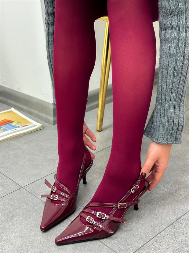 Bordo Rugan (Allysa) Üç Bantlı Toka Detaylı Kadın Stiletto