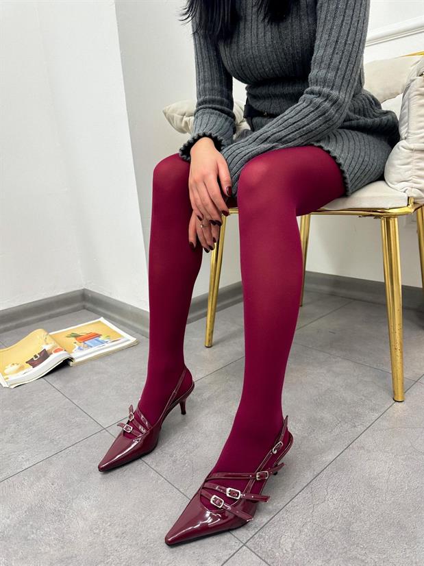 Bordo Rugan (Allysa) Üç Bantlı Toka Detaylı Kadın Stiletto