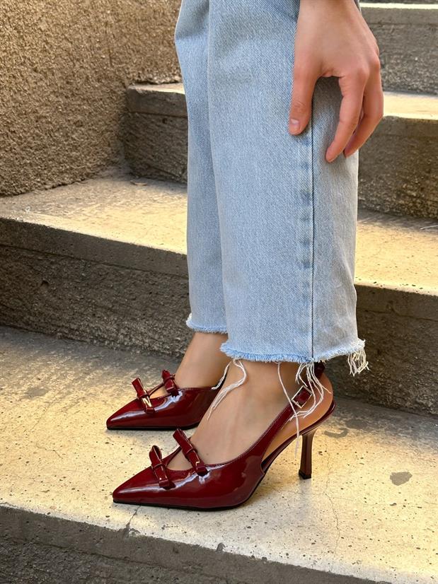 Bordo Rugan (Ella) Çift Fiyonklu Kadın Stiletto