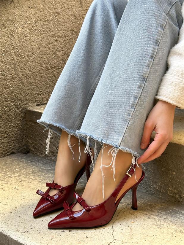 Bordo Rugan (Ella) Çift Fiyonklu Kadın Stiletto