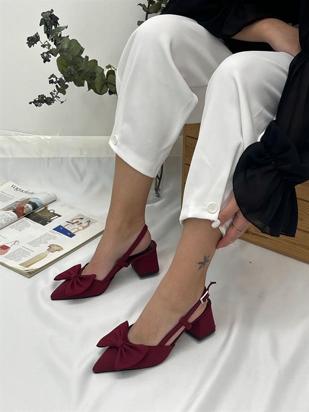 Bordo Saten (Fairy) Fiyonk Detay Kadın Topuklu Ayakkabı