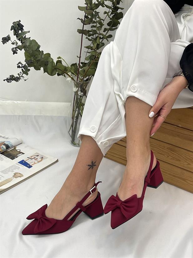 Bordo Saten (Fairy) Fiyonk Detay Kadın Topuklu Ayakkabı
