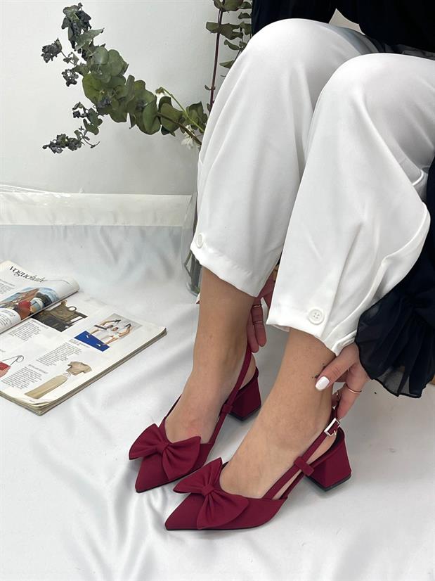 Bordo Saten (Fairy) Fiyonk Detay Kadın Topuklu Ayakkabı