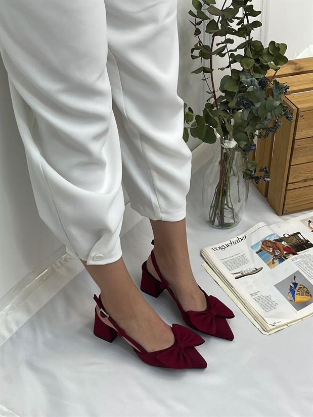 Bordo Saten (Fairy) Fiyonk Detay Kadın Topuklu Ayakkabı