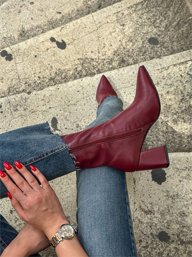 Bordo Streç  (Valery) Sivri Burun 7 cm Kalın Kadın Topuklu Bot