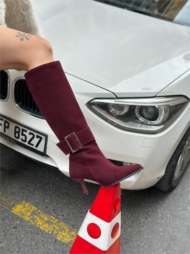Bordo Süet (Lavinia) Gümüş Toka Detay  7 cm Kadın Topuklu Çizme