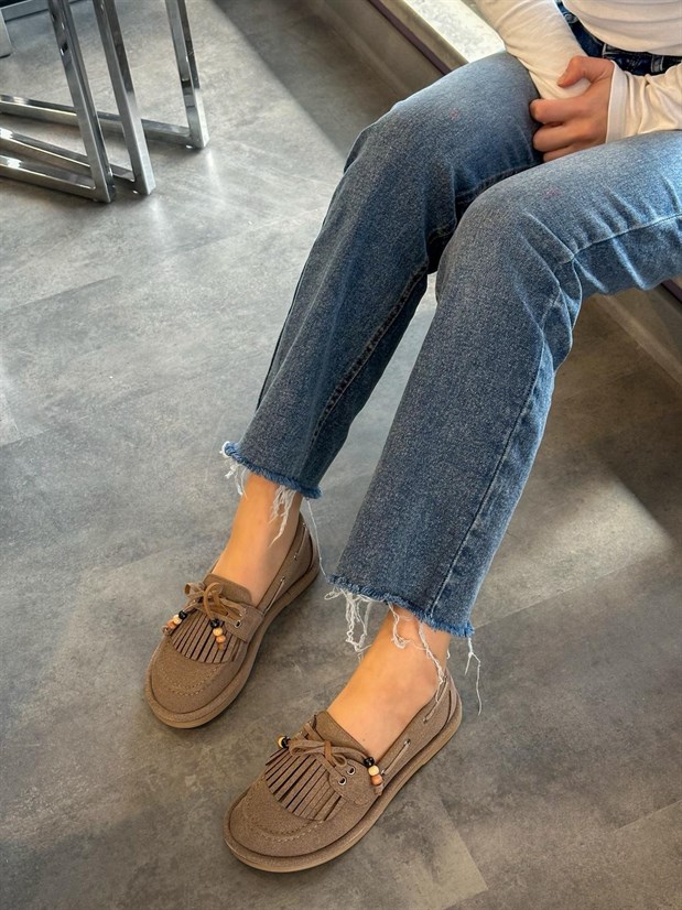 Ceviz Süet (Shake) Saraçlı Boncuk Detay Kadın Loafer