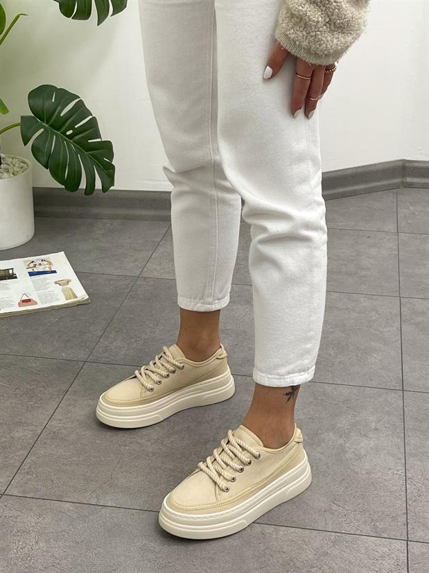 Ekru Keten (Werner) Bağcıklı Kadın Sneakers