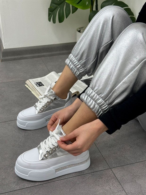 Gümüş Beyaz (Miles) Taş Detay Yüksek Taban Bağcıklı Sneakers