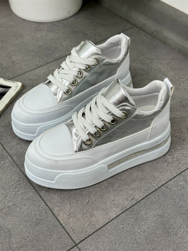 Gümüş Beyaz (Miles) Taş Detay Yüksek Taban Bağcıklı Sneakers
