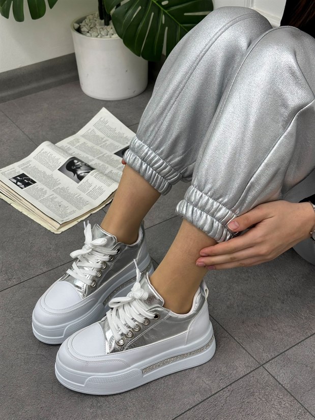 Gümüş Beyaz (Miles) Taş Detay Yüksek Taban Bağcıklı Sneakers