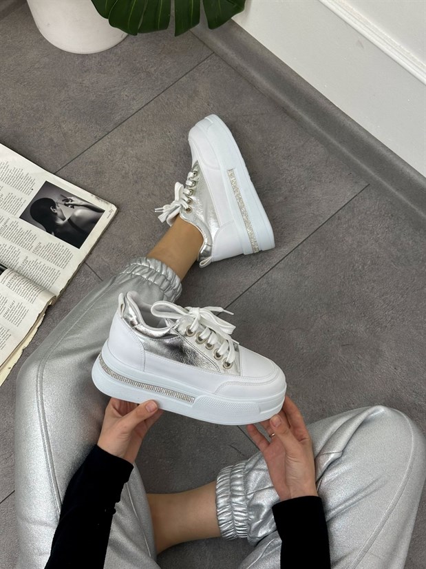 Gümüş Beyaz (Miles) Taş Detay Yüksek Taban Bağcıklı Sneakers