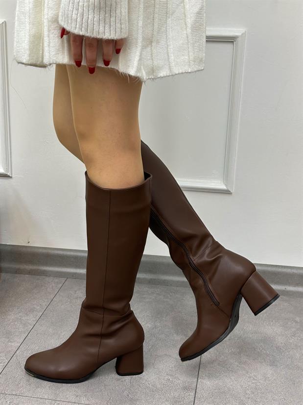 Kahve Cilt (Hoon) Topuklu Fermuar Detay Kadın Çizme