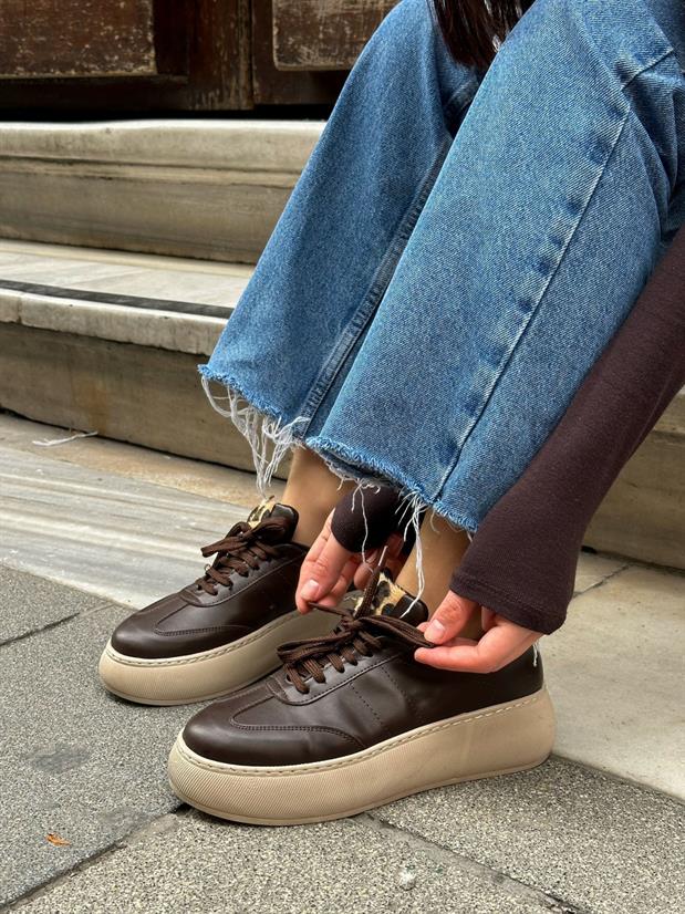 Kahve Cilt (Leoy) Leopar Bağcıklı Kadın Sneakers