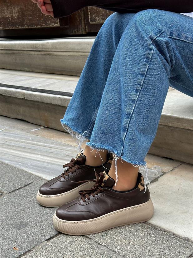 Kahve Cilt (Leoy) Leopar Bağcıklı Kadın Sneakers