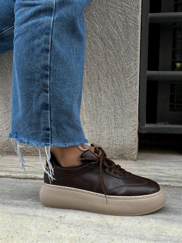 Kahve Cilt (Leoy) Leopar Bağcıklı Kadın Sneakers