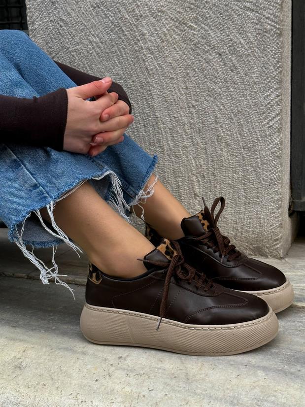 Kahve Cilt (Leoy) Leopar Bağcıklı Kadın Sneakers