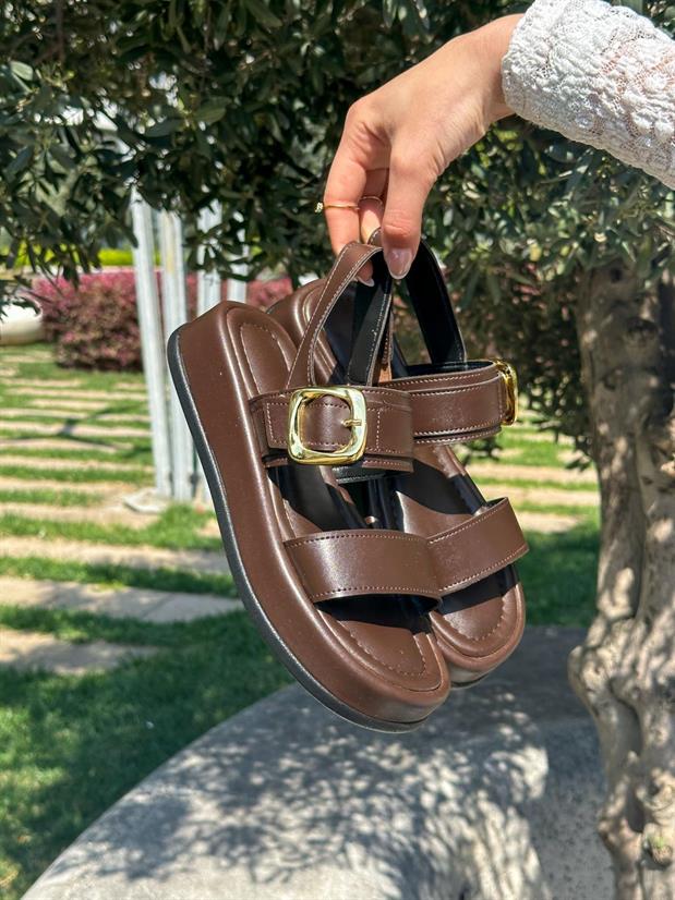 Kahve Cilt (Nancy) Gold Toka Detay Kadın Sandalet