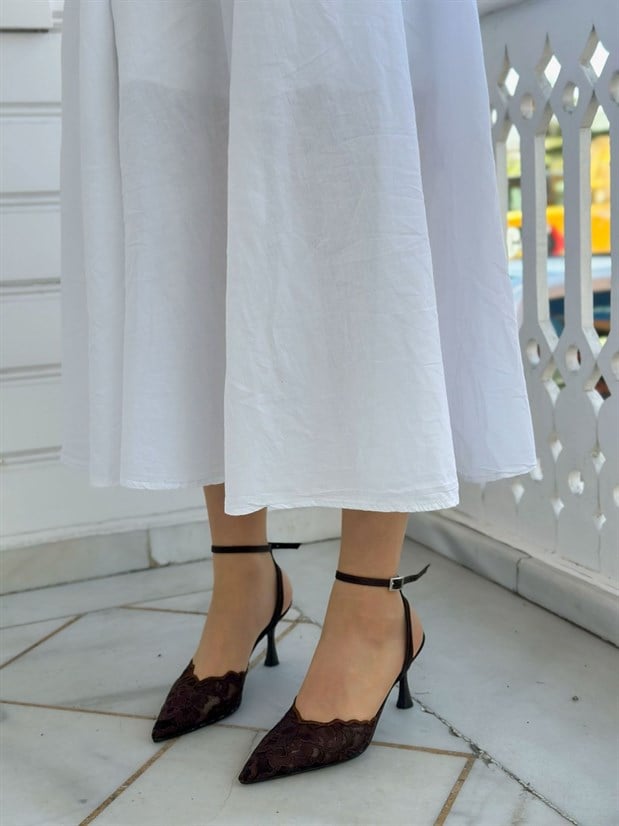 Kahve Dantel (Vusuel) Nakışlı Arka Bant Detaylı Kadın Stiletto