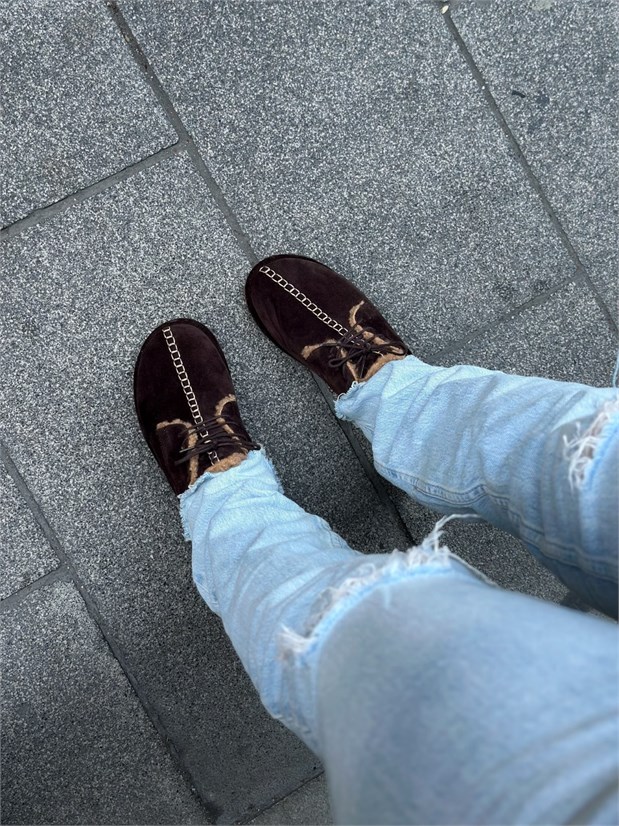 Kahve Hakiki Deri (Sorry) İçi Peluş Bağcıklı Kadın Ayakkabı