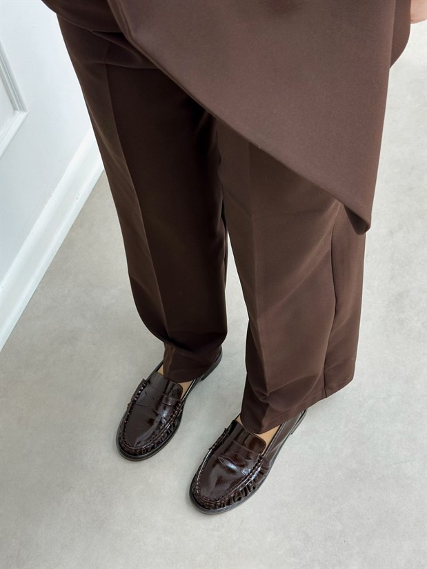 Kahve Kırışık Deri (Barry) Saraç Detaylı Düz Taban Kadın Loafer