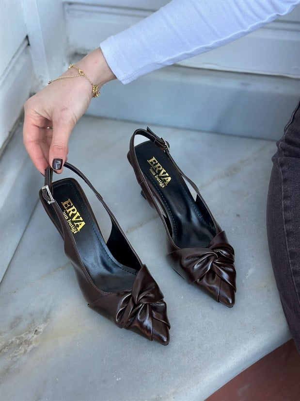 Kahve Kırışık Deri (Bow) Fiyonk Detay Kadın Stiletto