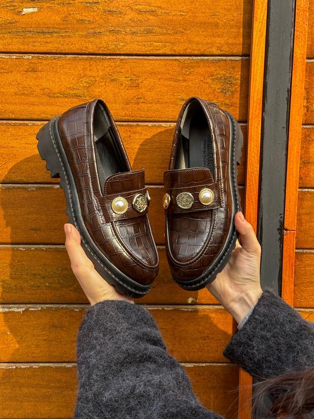 Kahve Kroko (Vance) İnci Toka Detay Kadın Loafer