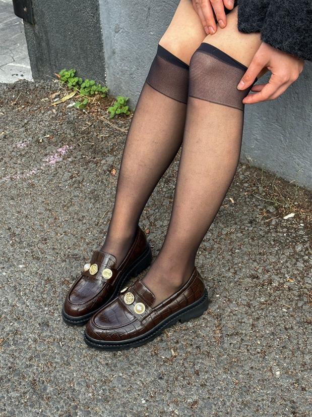 Kahve Kroko (Vance) İnci Toka Detay Kadın Loafer