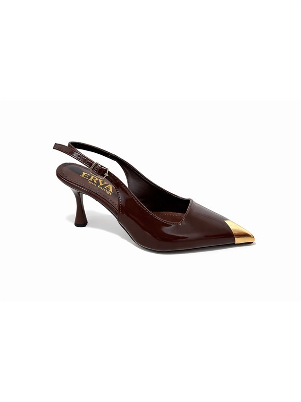 Kahve Rugan (Blue) Gold Metal Parça Detay Kadın Stiletto