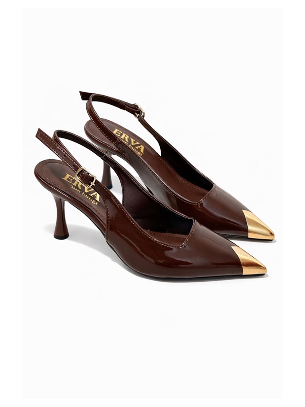 Kahve Rugan (Blue) Gold Metal Parça Detay Kadın Stiletto
