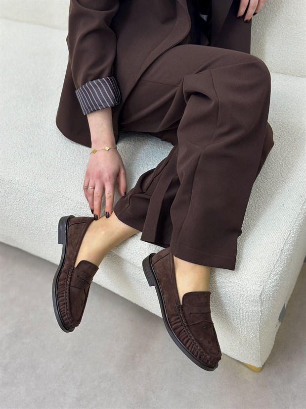 Kahve Süet (Barry) Saraç Detaylı Düz Taban Kadın Loafer