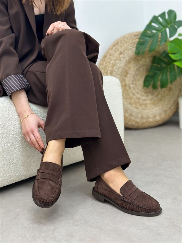 Kahve Süet (Barry) Saraç Detaylı Düz Taban Kadın Loafer