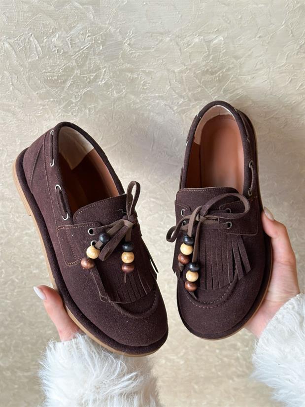 Kahve Süet (Shake) Saraçlı Boncuk Detay Kadın Loafer