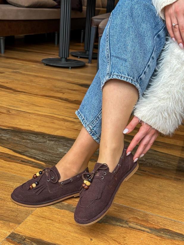 Kahve Süet (Shake) Saraçlı Boncuk Detay Kadın Loafer