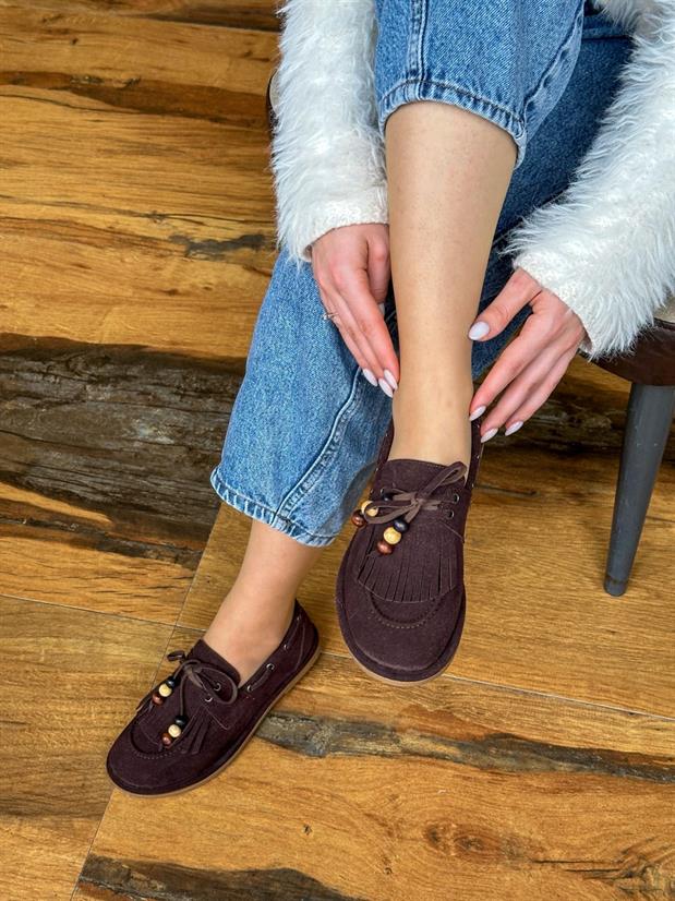 Kahve Süet (Shake) Saraçlı Boncuk Detay Kadın Loafer
