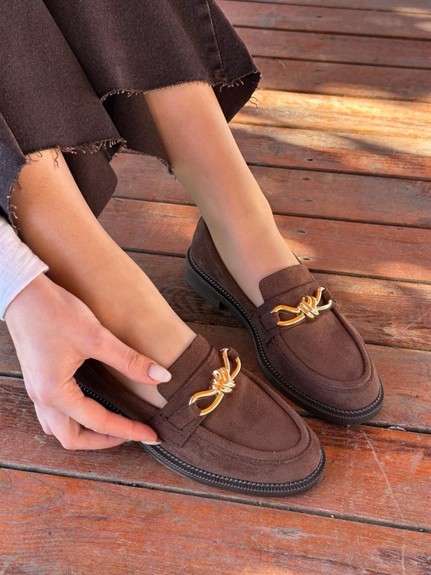 Kahve Süet (Teseri) Gold Sarmal Toka Detay Kadın Loafer